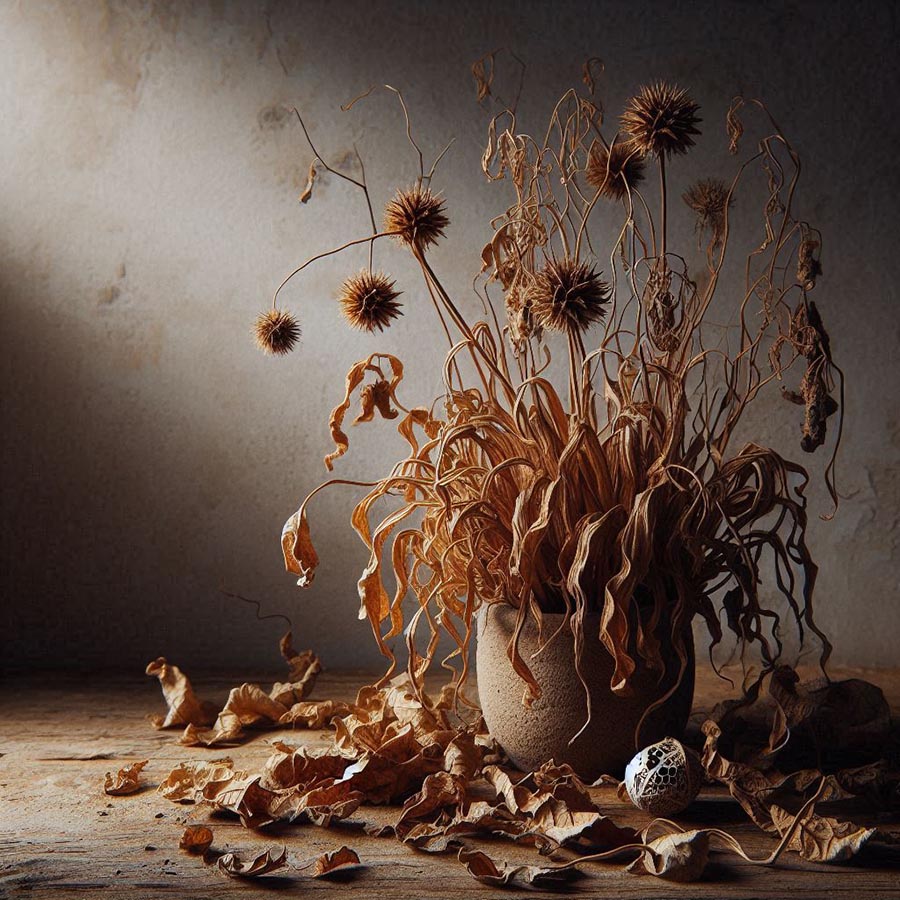 Dead and crispy plant in a decorative pot.